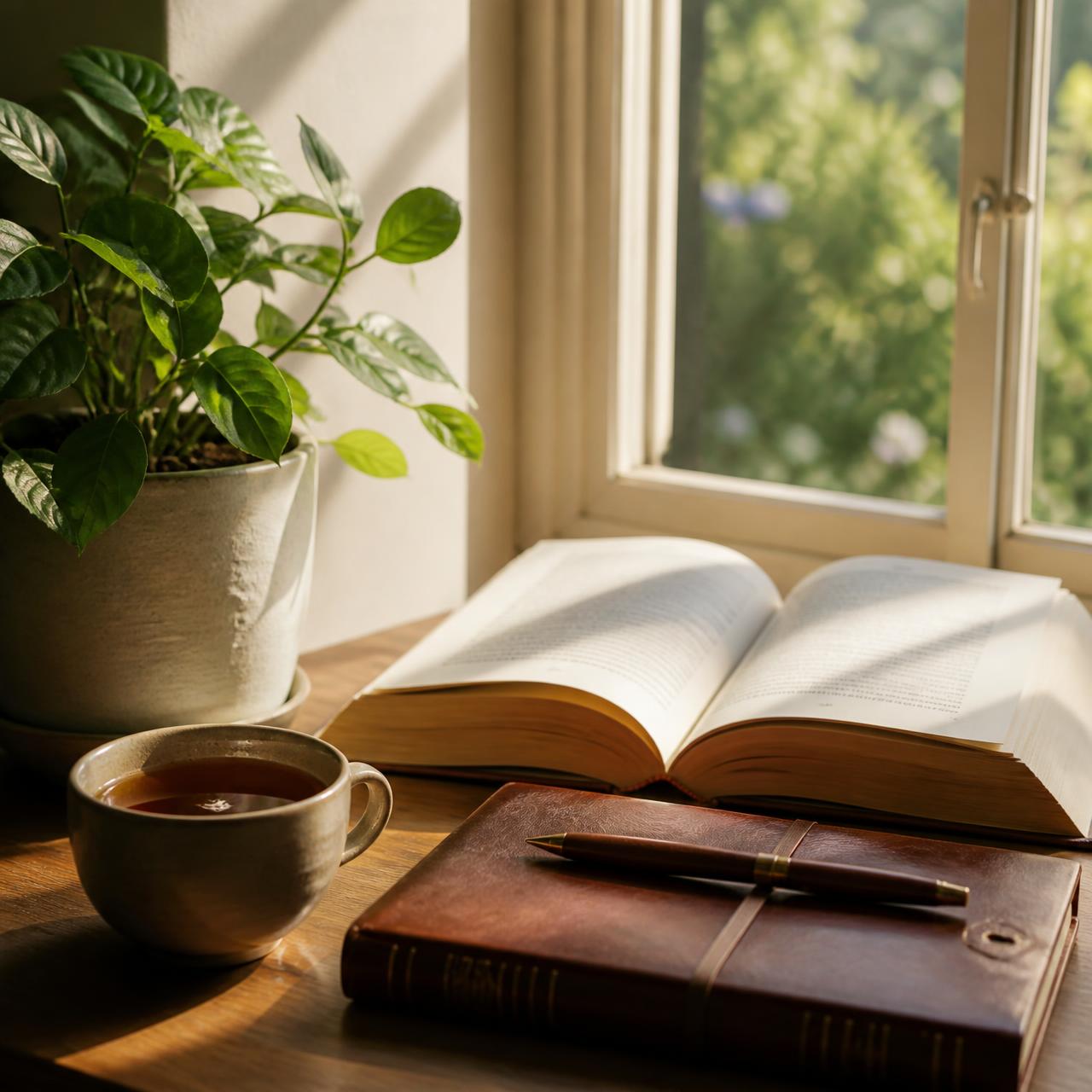 A sunlit reading nook with an open book, journal and tea