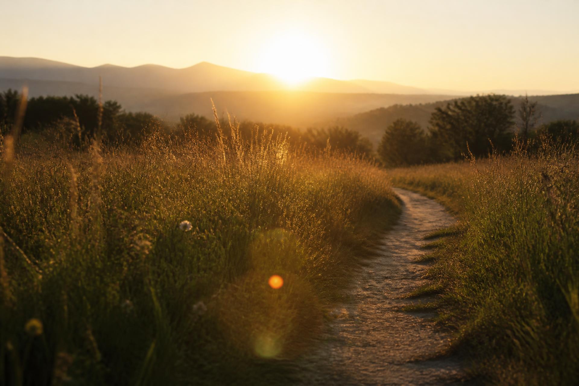 A person walking a sunlit path toward the horizon at golden hour
